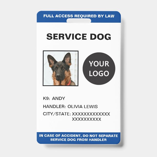 Personalized Ada Card Service Dog Photo ID Badge (Front)
