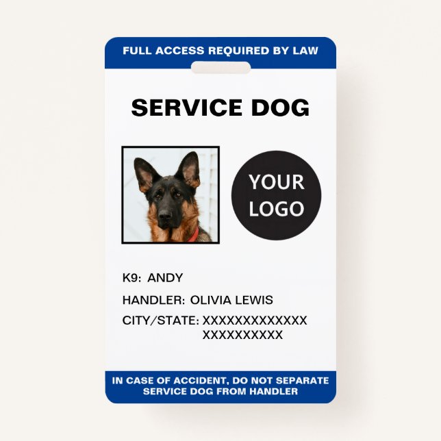 Personalized Ada Card Service Dog Photo ID Badge (Front)