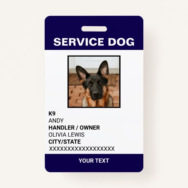 Personalized Ada Card Service Dog Photo ID  Badge (Front)