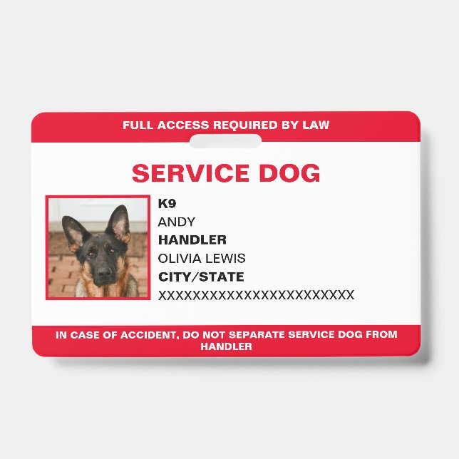 Personalized Ada Card Service Dog Photo ID Badge (Front)