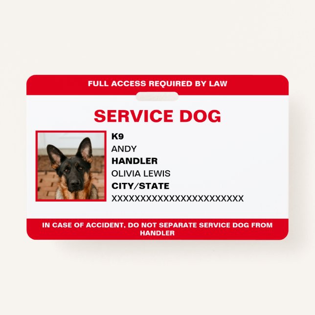 Personalized Ada Card Service Dog Photo ID Badge (Front)