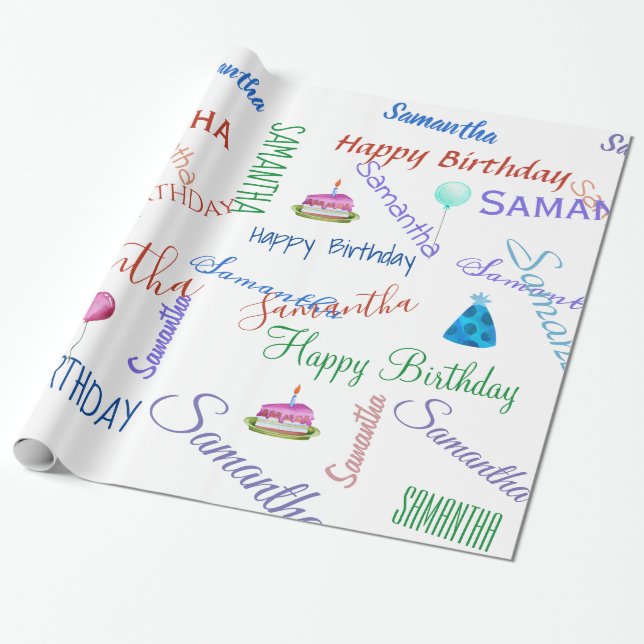 Personalized Add a Name Custom Happy Birthday Wrapping Paper (Unrolled)