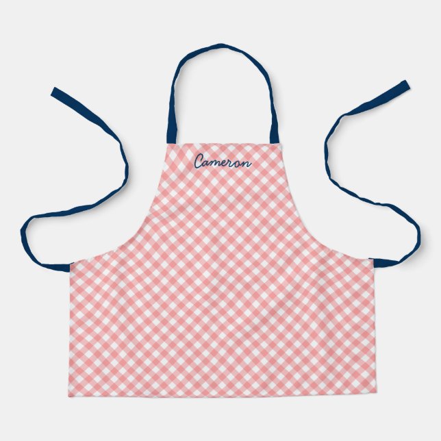Personalized Add Name Blush Coral Gingham Kids Apron (Front)