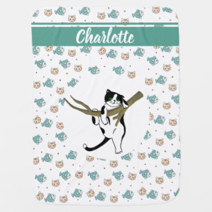 Personalized Add Name Cute Kitty And Fish  Baby Blanket