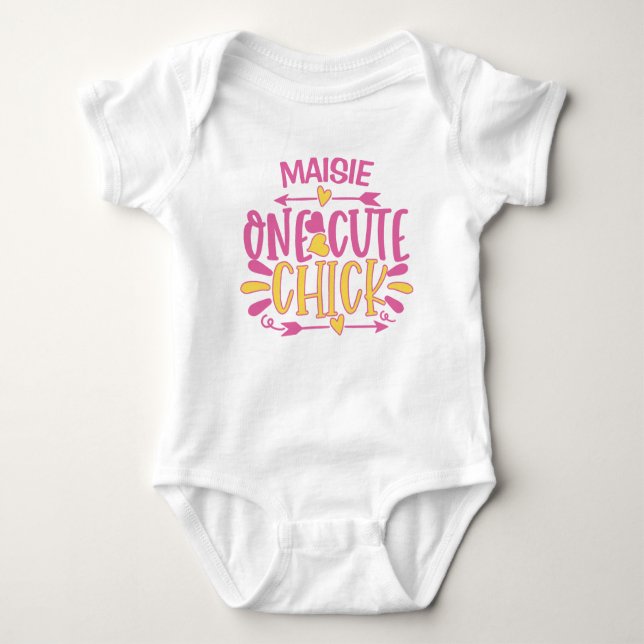 Personalized ADD NAME One Cute Chick Pink Yellow Baby Bodysuit (Front)