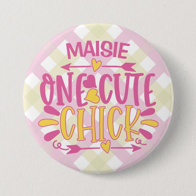 Personalized ADD NAME One Cute Chick Pink Yellow Button (Front)