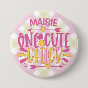Personalized ADD NAME One Cute Chick Pink Yellow Button
