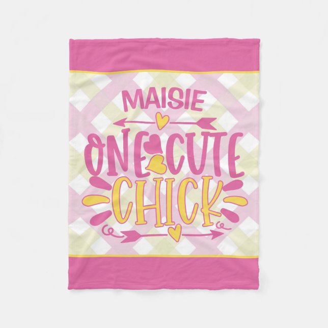 Personalized ADD NAME One Cute Chick Pink Yellow Fleece Blanket (Front)
