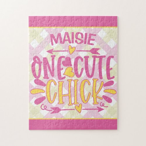 Personalized ADD NAME One Cute Chick Pink Yellow Jigsaw Puzzle