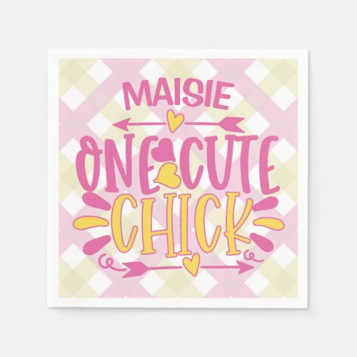 Personalized ADD NAME One Cute Chick Pink Yellow Napkins