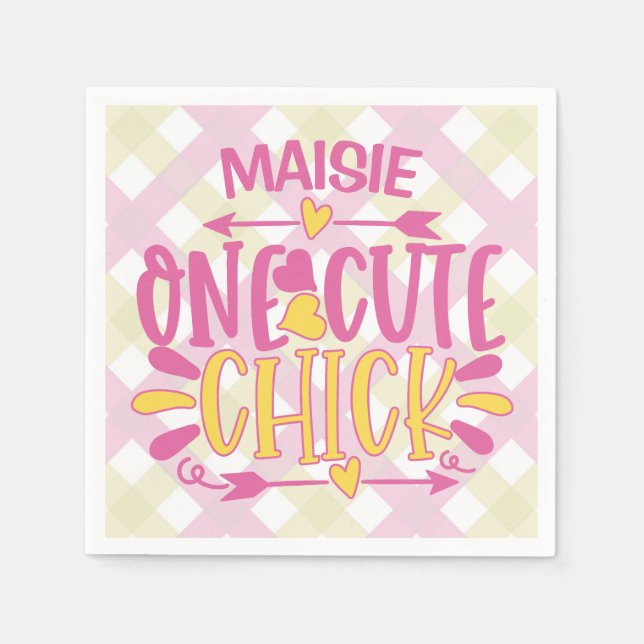 Personalized ADD NAME One Cute Chick Pink Yellow Napkins (Front)