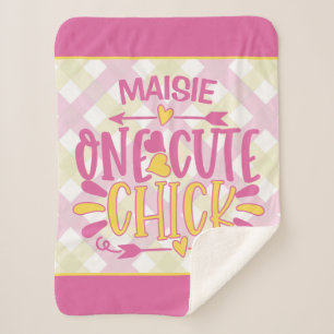 Personalized ADD NAME One Cute Chick Pink Yellow Sherpa Blanket