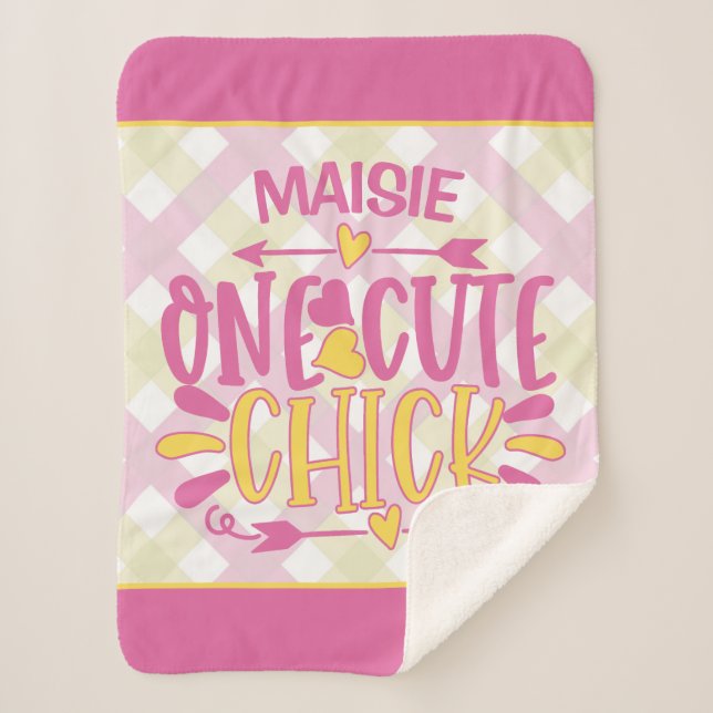 Personalized ADD NAME One Cute Chick Pink Yellow Sherpa Blanket (Front)