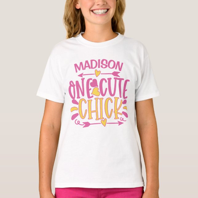 Personalized ADD NAME One Cute Chick Pink Yellow T-Shirt (Front)