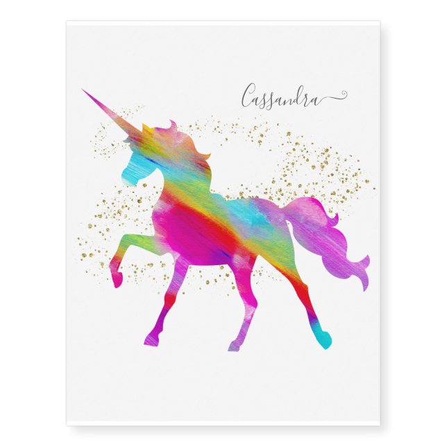 Personalized Add Name Rainbow Unicorn Gold Glitter Temporary Tattoos (Front)