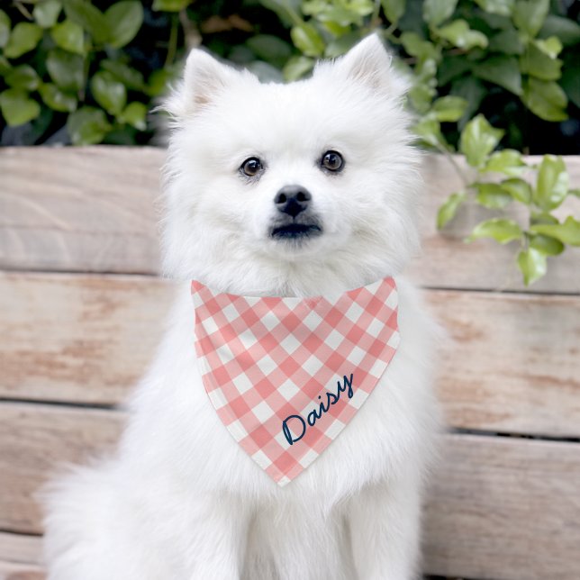 Personalized Add Name Script Blush Coral Gingham Pet Bandana Collar (Dog)