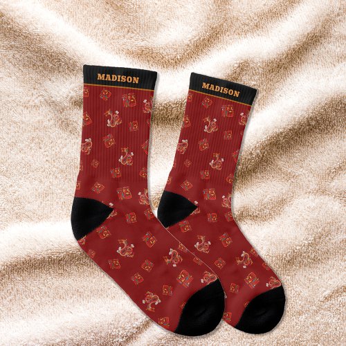  Personalized Add Name Traditional Red Gift Dragon Socks