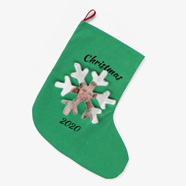 Personalized Add Photo Snowflake on Green Large Christmas Stocking (Front (Hanging))