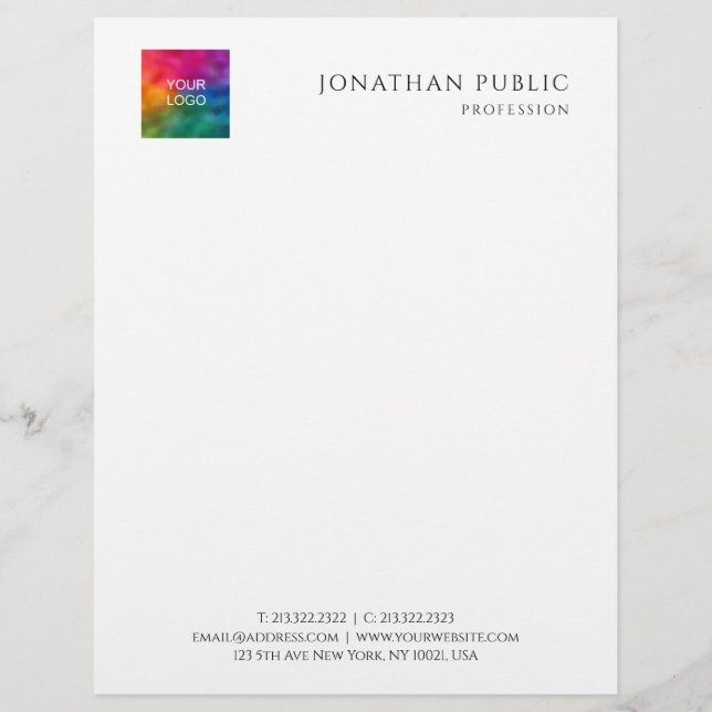Personalized Add Your Business Company Logo Modern Letterhead (Front)