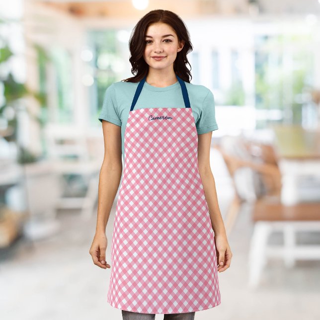 Personalized Add Your Name Baby Pink Gingham Apron (Creator Uploaded)