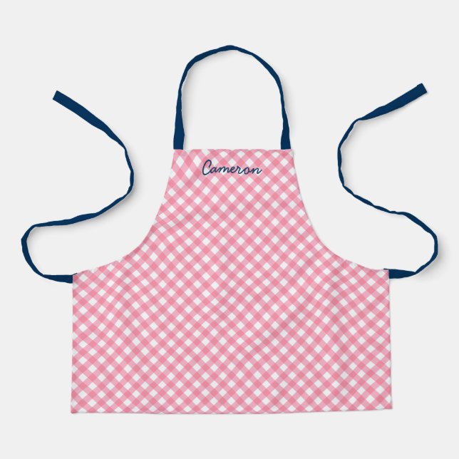 Personalized Add Your Name Baby Pink Gingham Kids Apron (Front)