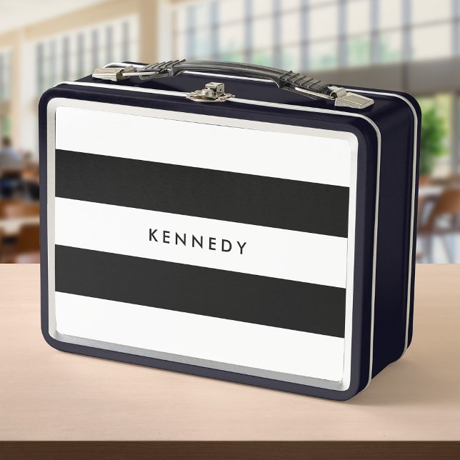 Personalized Add Your Name Black and White Stripes Metal Lunch Box (Creator Uploaded)