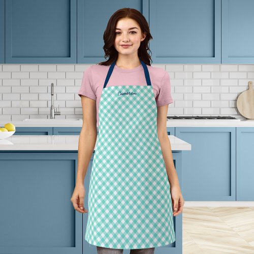 Personalized Add Your Name Mint Turquoise Gingham Apron