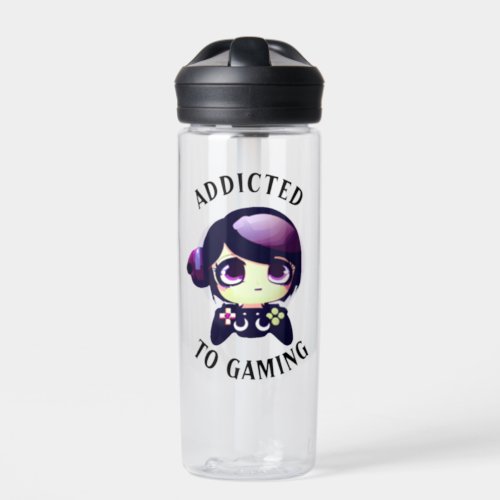Personalized Addicted to Gaming Kawaii Girl Gamer Water Bottle