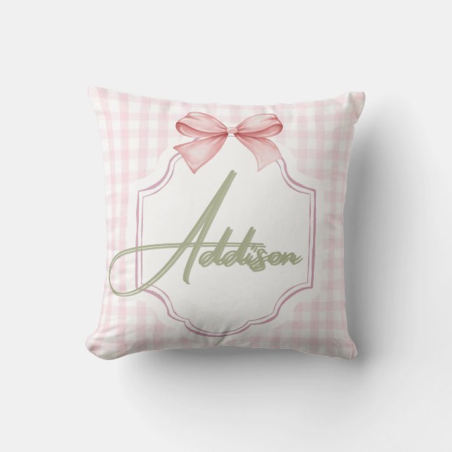 Personalized Addison Baby Girl Nursery Bow&Gingham Throw Pillow (Front)