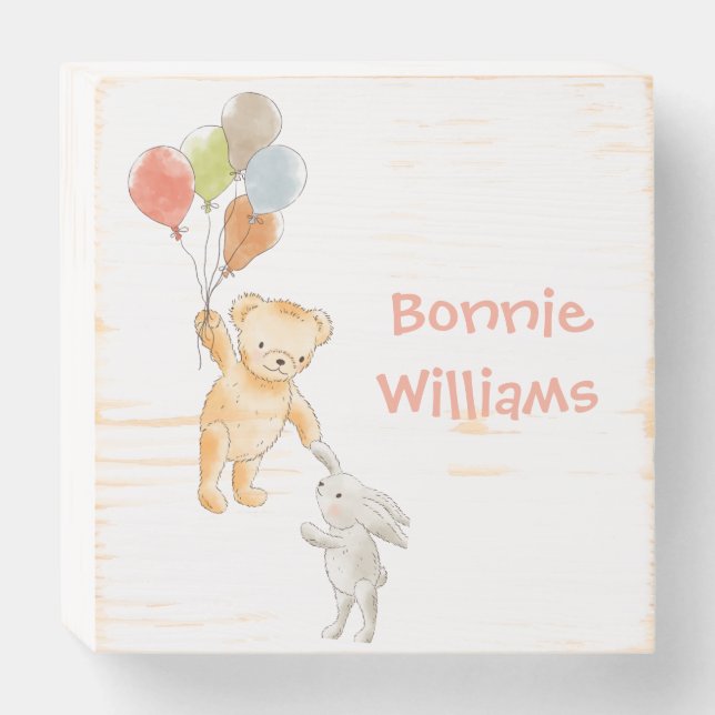 Personalized Adorable Bear and Bunny Wood Sign (Front Horizontal)
