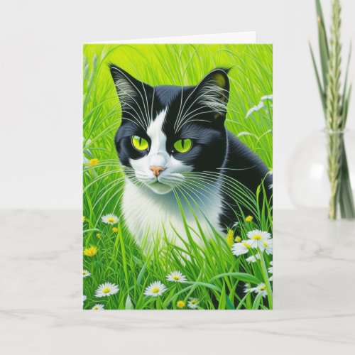 Personalized Adorable Cat in a field of Daisies  Card