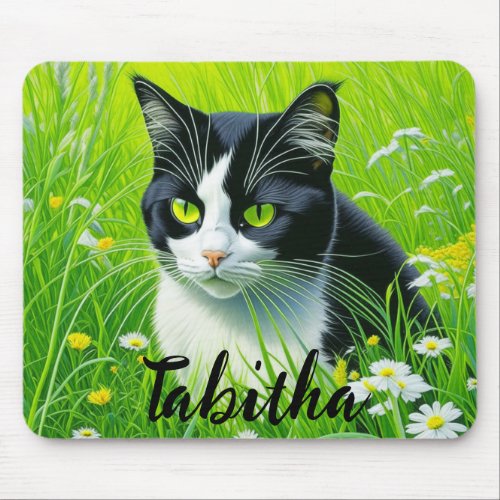 Personalized Adorable Cat in a field of Daisies  Mouse Pad