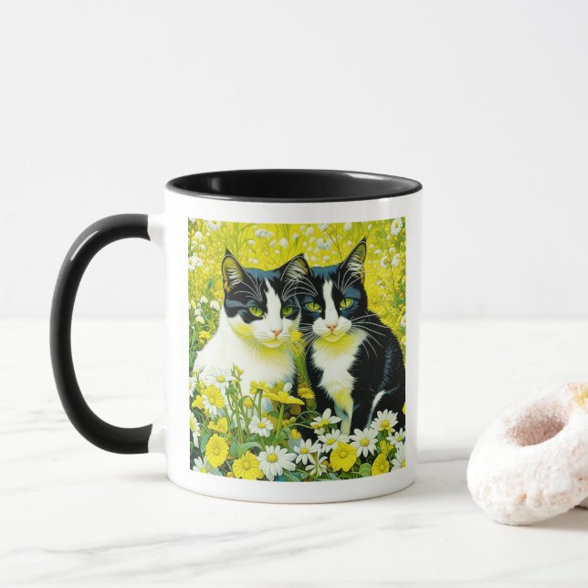 Personalized Adorable Cat in a field of Daisies  Mug (With Donut)