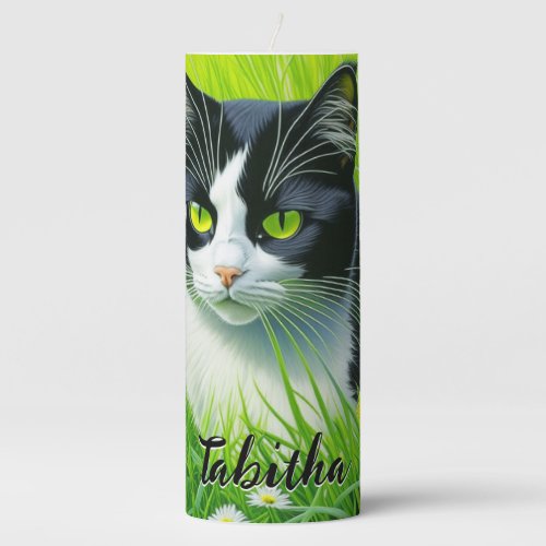 Personalized Adorable Cat in a field of Daisies  Pillar Candle
