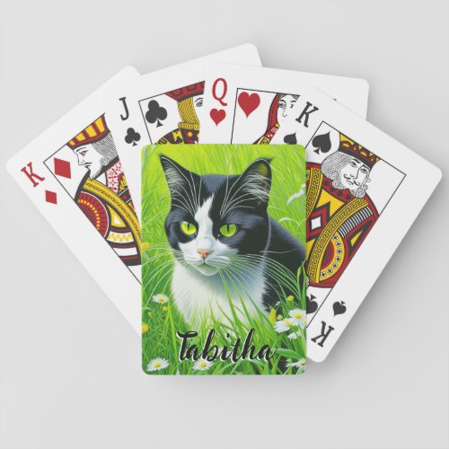 Personalized Adorable Cat in a field of Daisies  Playing Cards