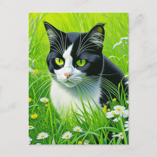 Personalized Adorable Cat in a field of Daisies  Postcard (Front)