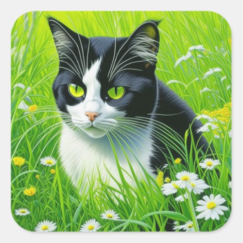 Personalized Adorable Cat in a field of Daisies  Square Sticker