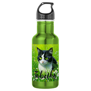 Personalized Adorable Cat in a field of Daisies Stainless Steel Water Bottle