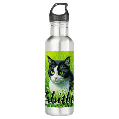 Personalized Adorable Cat in a field of Daisies  Stainless Steel Water Bottle