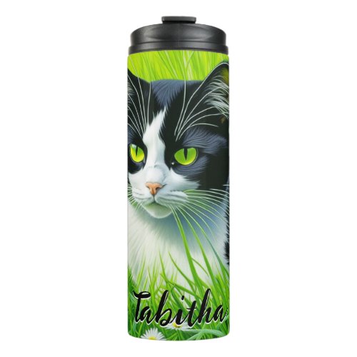 Personalized Adorable Cat in a field of Daisies  Thermal Tumbler