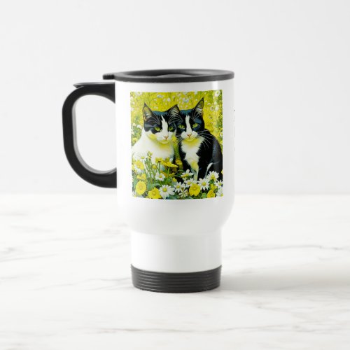 Personalized Adorable Cat in a field of Daisies  Travel Mug