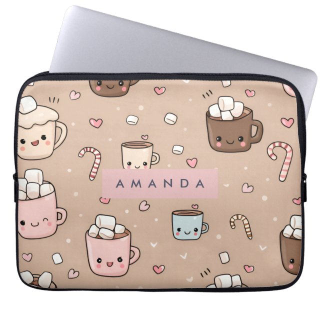 Personalized Adorable Cozy Hot Cocoa Pattern Laptop Sleeve (Front)