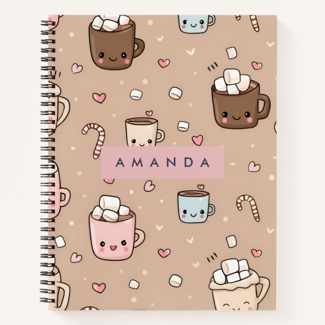Personalized Adorable Cozy Hot Cocoa Pattern Notebook (Front)