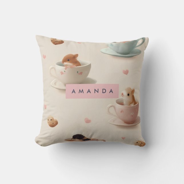 Personalized Adorable Hamster in Teacup Pattern Throw Pillow (Front)
