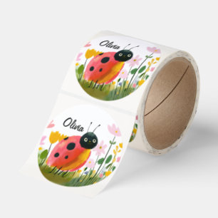 Personalized Adorable Ladybug Pastel Wildflowers Classic Round Sticker