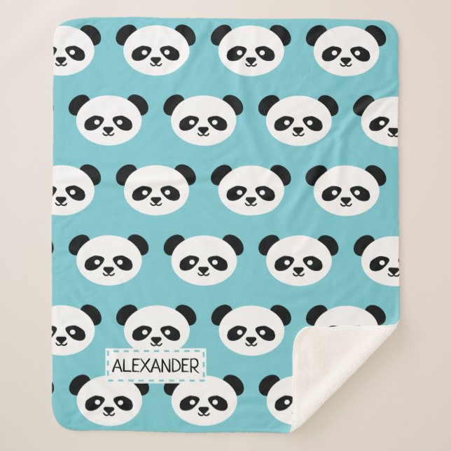 Personalized Adorable Panda Bear Pattern Blue Kids Sherpa Blanket (Front)