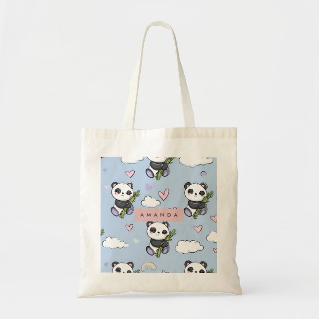 Personalized Adorable Pastel Panda Pattern Tote Bag (Front)
