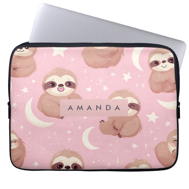 Personalized Adorable Sloth with Star Pattern Laptop Sleeve (Front)