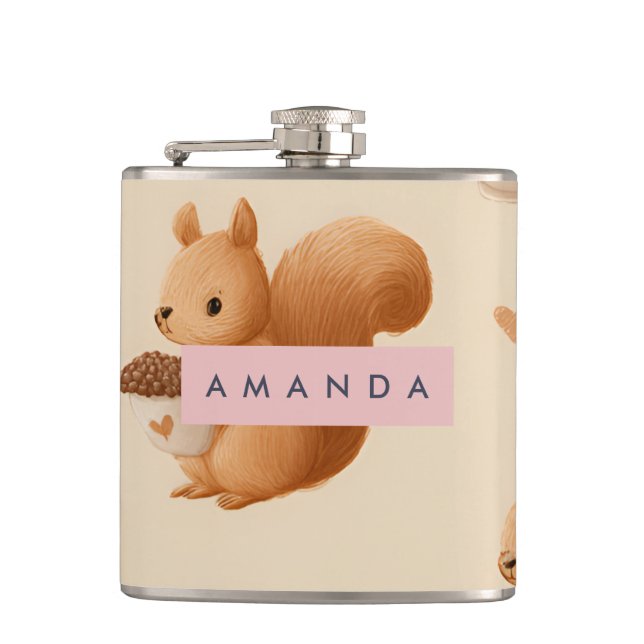 Personalized Adorable Squirrel and Acorn Pattern Flask (Front)