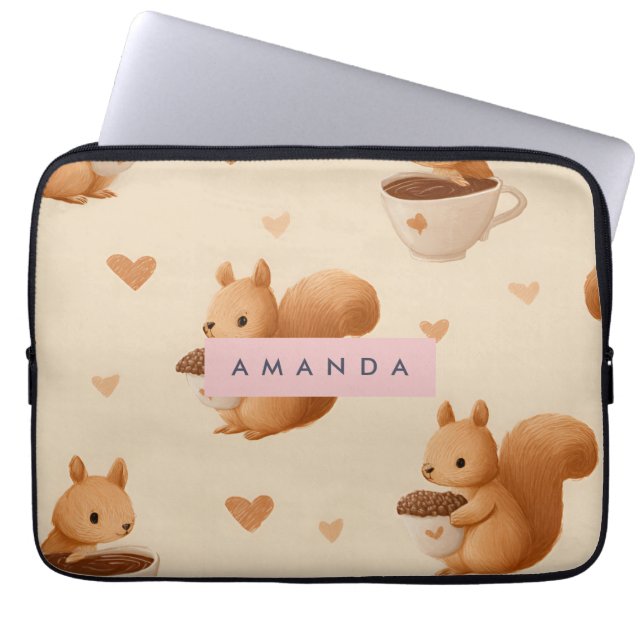 Personalized Adorable Squirrel and Acorn Pattern Laptop Sleeve (Front)